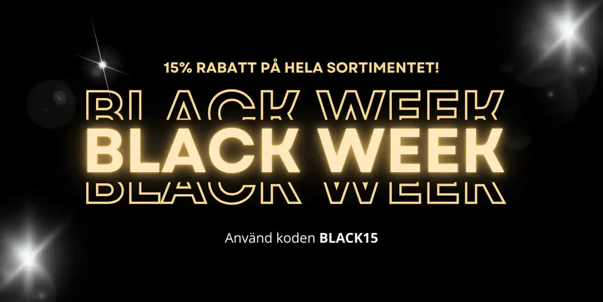 Svart vecka kampanjbanner med guldtext och ett erbjudande på 15% rabatt.